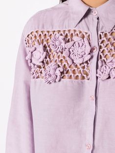 Amir Slama floral-lace Detail Oversize Shirt - Farfetch Pointed Flat Collar, Purple Linen, Oversize Shirt, Flat Collar, Wardrobe Edit, Yoko London, Lilac Purple, Boots Fall, Exclusive Fashion