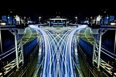 an aerial view of a highway at night