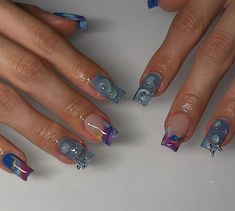 Blue 3d Nails, Short Square Acrylic Nails, Unique Acrylic Nails, Girls Nails