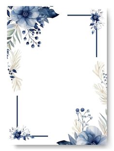 a blue and white floral frame with flowers on the bottom, in front of a white background