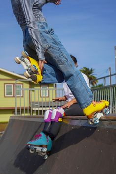 A skater wearing strawberry lemonade bunny hop package stall and grabs their back foot while their friend wearing blue sky bunny hops cheers them on. Moxi Roller Skates, Skate Accessories, Big Smiles, Skate Shop