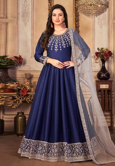 Art silk long Anarkali suit in Navy blue colour 4403 Desc: Style : Long Anarkali Suits Color : Navy Blue Fabric : Art Silk Work : Embroidery Wash Care : Dry clean Sleeve Style : Full Sleeve Long Sleeves : Done only in Custom Stitch Sleeves Lining : Done only in Custom Stitch Bust Size : 32 to 42 Inches Occasion : Festival Christmas Diwali Eid Ceremonial Ganesh Charturthi Dussehra. With Express Free Shipping Buy Indian Party wedding wear bridal salwar Art silk long Anarkali suit in Navy blue colo Anarkali Lehenga Gowns, Silk Anarkali Suits, Navy Blue Art, Long Anarkali, Silk Anarkali, Gown With Dupatta, Embroidered Anarkali, Silk Bottoms, Indian Bollywood