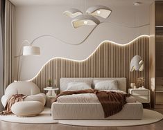 a bed room with a neatly made bed and two lamps on the wall above it