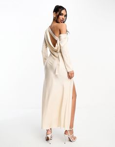 ASOS DESIGN satin fallen shoulder cowl maxi dress with back strap detail in champagne | ASOS White Long Sleeve Maxi Satin Dress, Chic White Sheer Maxi Dress, White Maxi Dress With Draped Sleeves, White Long Sleeve Satin Maxi Dress, Asos Long Sleeve White Dress, Drop Top, Back Strap, Body Fit, Jeans Shop