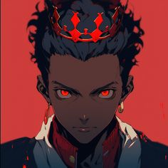 an anime character with red eyes and a crown on his head, staring at the camera