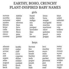 an image of words that are in the language earthy, boho, crunchy plant - inspired baby names