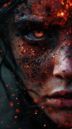 a woman with black and orange makeup looks at the camera while she is covered in fire