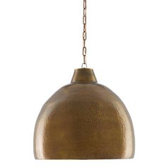 an antique brass finish pendant light with chain hanging from the bottom, on a white background