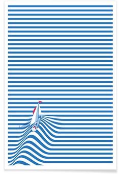 a blue and white striped poster with a boat in the ocean on it's side