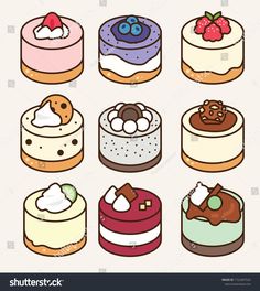 a set of nine cakes with different toppings