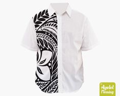 "IF YOU NEED YOUR ITEMS TO ARRIVE BY SPECIFIC DATE PLEASE UPGRADE TO EXPRESS SHIPPING AT THE CART. This gorgeous Hawaiian/Polynesian short sleeve men's dress shirt is retro looking featuring black tribal design on white background. If you would rather this shirt was in another color or combination of colors please get in touch and let me know and I will do my best to accommodate you. This unique and eye catching men's dress shirt with white short sleeves is the perfect shirt for daytime or eveni Fitted White Hawaiian Shirt With Graphic Print, White Fitted Hawaiian Shirt, Fitted White Hawaiian Shirt, White Graphic Print Hawaiian Shirt, Island Style Clothing, Polynesian Dress, Button Up Shirt Men, Floral Button Up Shirt, Mens Dress Shirts