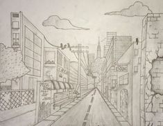 a pencil drawing of a city street with buildings and birds flying over the building tops