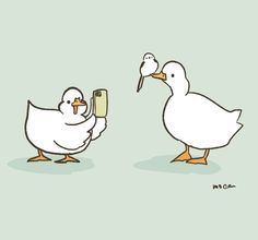 two ducks standing next to each other while one holds a cell phone in its beak