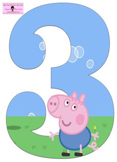 pep the pig is sitting in front of a large number three with bubbles on it