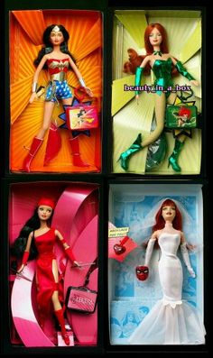 four barbie dolls in different boxes with one wearing a dress and the other holding a purse