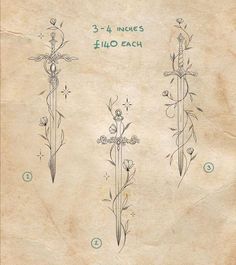 an old paper with three different types of swords and flowers on the front, one is drawn