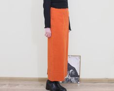 "such a perfect maxi straight skirt beautiful orange colour, back zipper, back slip brand Pepper Corn tagged size M 97% polyester 3% spandex 14.5\" waist, 18.8\" hips, 39.7\" long, 37 cm waist, 48 cm hips, 101 cm long, (model wears size S - M, height 175 cm) measurements are taken while items are laying flat, for best fitting compare measurements to a garment that you wear in great vintage condition please do not hesitate to send me a message if you have any questions about this listing" Orange Skirt For Work, Orange Long Skirt For Fall, Fitted Orange Maxi Skirt, Black Straight Skirt, Preppy Sweater, Knit Maxi Skirt, Orange Colour, High Waisted Pencil Skirt, Straight Skirt