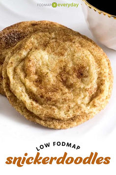 low fodmap snickkerdodles on a white plate next to a cup of coffee