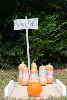 a bowling game set up in the grass with an orange ball and two wooden bowling pins