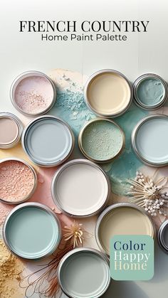 many different colors of paint are arranged in the shape of a flower and text that reads french country home paint palette