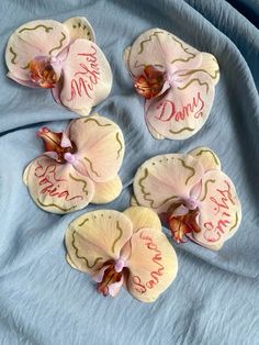 four pink orchids with names on them sitting on a blue blanket