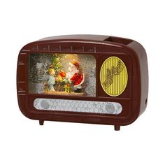 an old fashioned tv with christmas decorations on the front and side panel, set against a white background