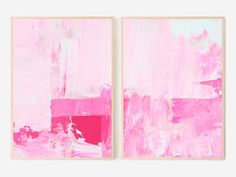 two paintings with pink and blue paint on them