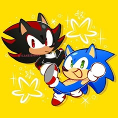 two sonic and shadow characters on a yellow background with butterflies in the background, one is holding