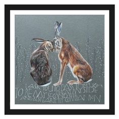 two rabbits sitting next to each other in front of a gray background with words written on it