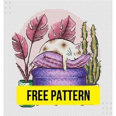 a cross stitch pattern with a cat sleeping in a potted plant and the words free pattern below it