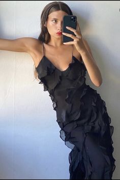 Rent this Ruffle Maxi Dress from Rat & Boa, available now on HURR — Europe's leading fashion rental destination. Grad Makeup, Prom Dresses Custom, Selena Dress, Grad Hair, Selena Dresses, Black Ruffle Dress, Spaghetti Strap Prom Dress, Ruffle Maxi Dress