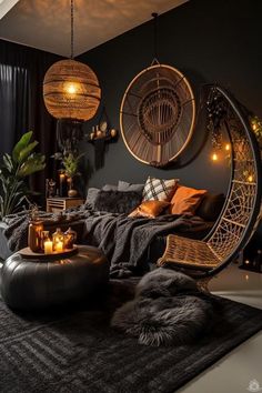 a living room filled with lots of furniture and decor on top of a black rug