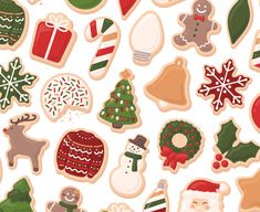 an assortment of decorated christmas cookies on a white background