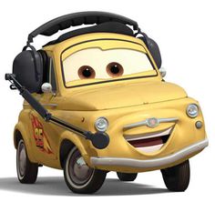 a yellow car with headphones on it's ears