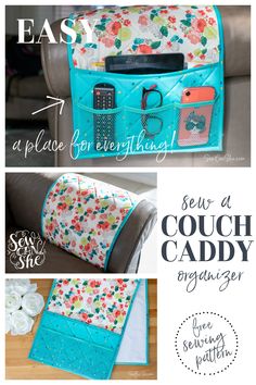 the instructions for how to sew a couch caddy bag with pockets and zippers