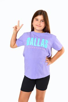 This Dallas Tee will have your kiddos looking cool and feeling comfy! Sporting the ever-popular comfort colors and a youth size, your little one can match their style with mom's while showing their Dallas and BuddyLove pride. Trendy Cotton T-shirt For Playwear, Casual Crew Neck T-shirt For Playwear, Casual Relaxed Fit Tops For Playwear, Soft-washed Cotton Tops For Playwear, Casual T-shirt With Letter Print For Play, Casual Letter Print T-shirt For Play, Casual Cotton T-shirt For Game Day, Relaxed Fit Cotton T-shirt For Playwear, Basic Cotton T-shirt For Playwear