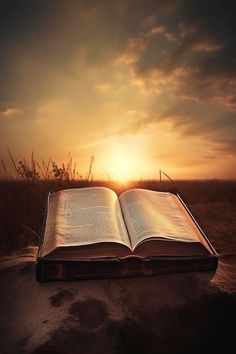 an open book sitting on top of a sandy beach next to the ocean at sunset