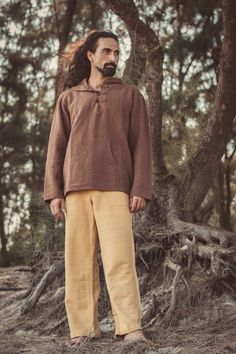 Brown Pullover with Hoodie ~ Natural dye khadi cotton - Size S / M / L / XL Light Brown Pants, Festival Pants, Hippie Pants, Mens Hoodies, Men Trousers, Pants Cargo, Men Pants, Handwoven Fabric, Eco Friendly Clothing