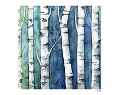 watercolor painting of trees with blue and green leaves