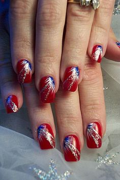 4th of July nails, red nails with blue white fan brush accents, silver glitter free hand nail art White And Blue Nail, Red White And Blue Nails, White And Blue Nails, Firework Nail Art, Patriotic Nails Design, Firework Nails, Patriotic Nails, Usa Nails, Unghie Nail Art