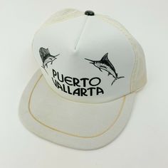 Please do not hesitate to ask any questions, I am happy to provide specific measurements upon request. Smoke free, pet free. Will ship in a box. Vintage White Baseball Cap With Curved Brim, Vintage White Trucker Hat For Beach, Vintage White Trucker Hat With Curved Brim, Vintage 5-panel Trucker Hat For Sports, White 5-panel Baseball Cap For Beach, Vintage White 5-panel Trucker Hat, Vintage White 5-panel Baseball Cap, Vintage White Baseball Cap, Vintage White Baseball Cap For Sports