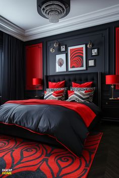 Art Deco red and black modern bedroom with geometric wall art and chandelier Modern Black Bedroom Design, Red And Black Bedroom, Red Black Bedrooms, Black Modern Bedroom, Modern Black Bedroom, Red Room Decor, Black Bedroom Ideas, Red Bedroom Decor, Baddie Apartment