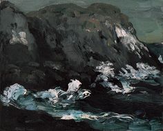 an oil painting of waves crashing against a rocky cliff on the ocean with green sky and white clouds