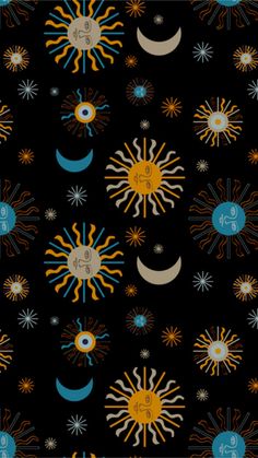 the sun, moon and crescents are depicted in this black background with blue accents