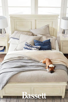 image of a bed with a dog on it Queen Panel Beds, Bassett Furniture, Bedroom Space, Keeping It Simple, Panel Bed, Fall Asleep, Keep It Simple, Storage Drawers, Sea Salt