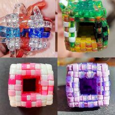 four different types of bracelets made out of plastic beads and glass cubes are shown in this collage