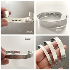 "★ ITEM DESCRIPTION: * Aluminum cuff. Thin 6\" long x 1/4\" wide flat. Medium 6\" long x 3/8\" wide flat. Thick 6\" long x 1/2\" wide flat. Once shaped, it is adjustable to fit most wrist sizes. These cuffs are made from food safe, hypoallergenic, lightweight aluminum that will not change color or tarnish. * Velvet pouch ★ HOW TO ORDER: 1/ From the drop down menu, select a font (picture in listing). 2/ From the drop down menu, select a size: thin, medium or thick. 3/ Please enter the text you wo Textured Bracelet, Floral Cuff, Pattern Bracelet, Velvet Pouch, Cartier Love Bracelet, Food Safe, The Drop, Cuff Bracelet, Color Change