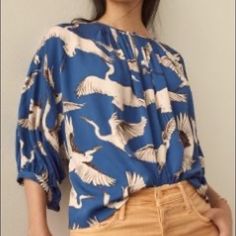 Fabulous Pheasant Print With An Oversized Fit. Blouse Is Small But It May Fit Comfortably A Medium. Blue Tops With Blouson Sleeves For Brunch, Blue Tops With Blouson Sleeves For Daywear, Blue Top With Blouson Sleeves For Daywear, Blue Blouson Sleeve Tops For Brunch, Blue Blouson Sleeve Tops For Daywear, Printed Blue Tops, Printed Blue Tops For Daywear, Blue Printed Tops For Daywear, Blue Relaxed Fit Top With Blouson Sleeves