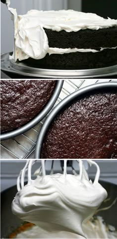 three different views of a chocolate cake with white frosting on the top and bottom