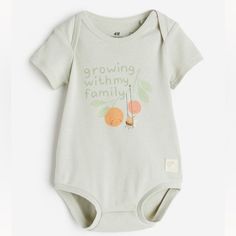 New, Never Worn. Spring Playtime Letter Print Bodysuit, Summer Letter Print Bodysuit For Playtime, Summer Bodysuit With Letter Print For Playtime, Baby Dust, H&m Baby, Family Coloring, Green Fruit, Cotton Bodysuit, Fruit Print